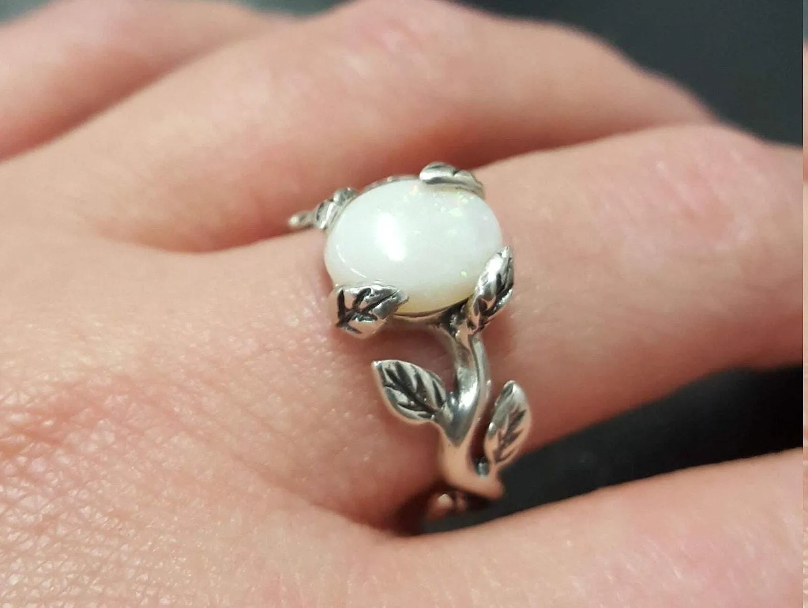 Opal Solitaire Ring - Leaf Silver Band - Opal Boho Ring