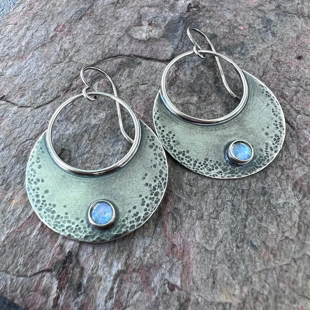 Opal Sterling Silver Earrings - One-of-a-kind Genuine Opal Triplet Cabochons Set in Sterling Silver Earrings
