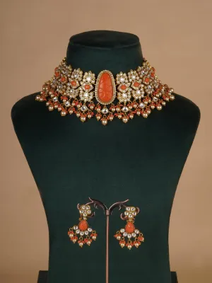 Orange Color Gold Plated Jadau Kundan Necklace Set - MS2212ORA