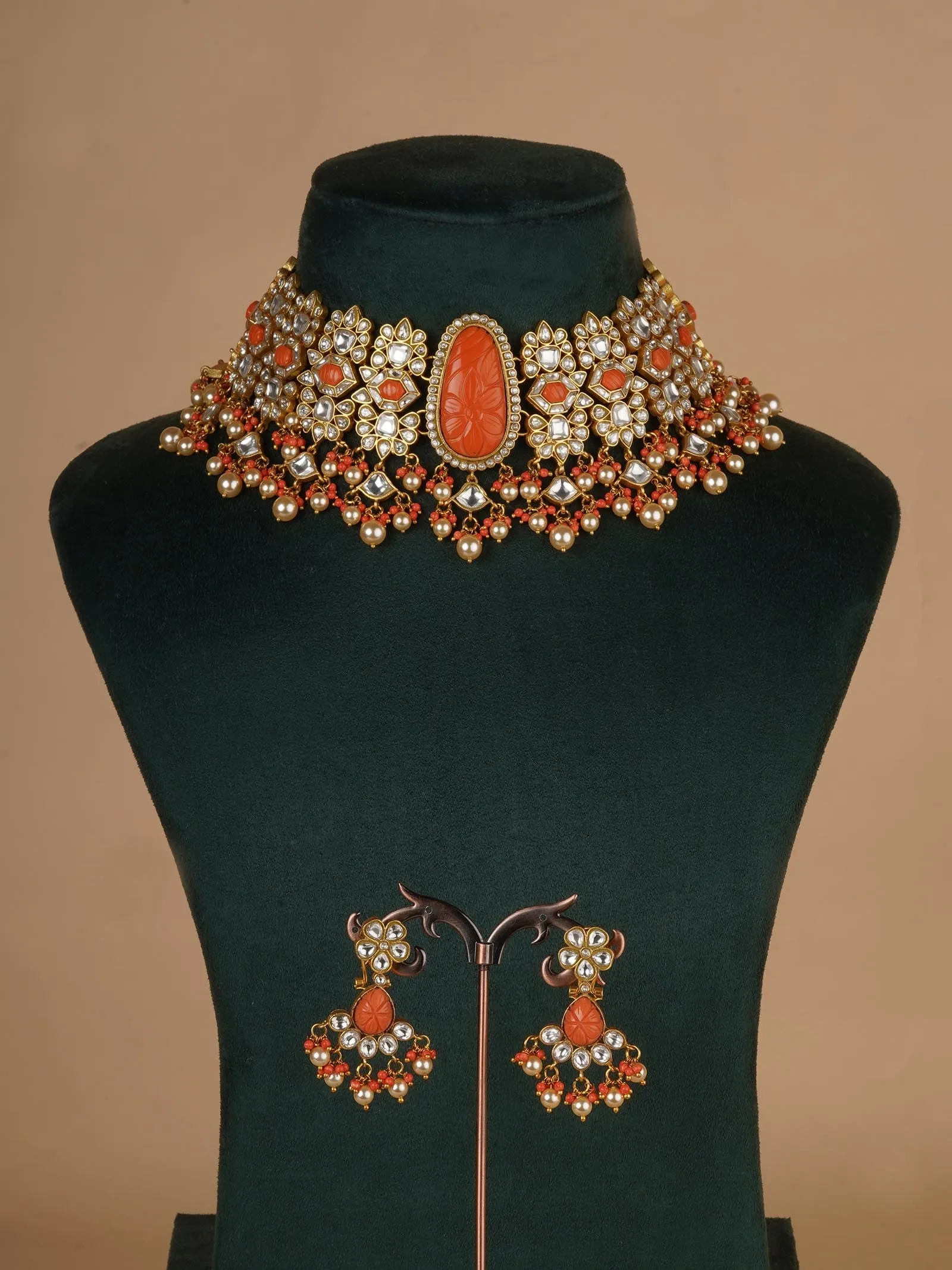 Orange Color Gold Plated Jadau Kundan Necklace Set - MS2212ORA