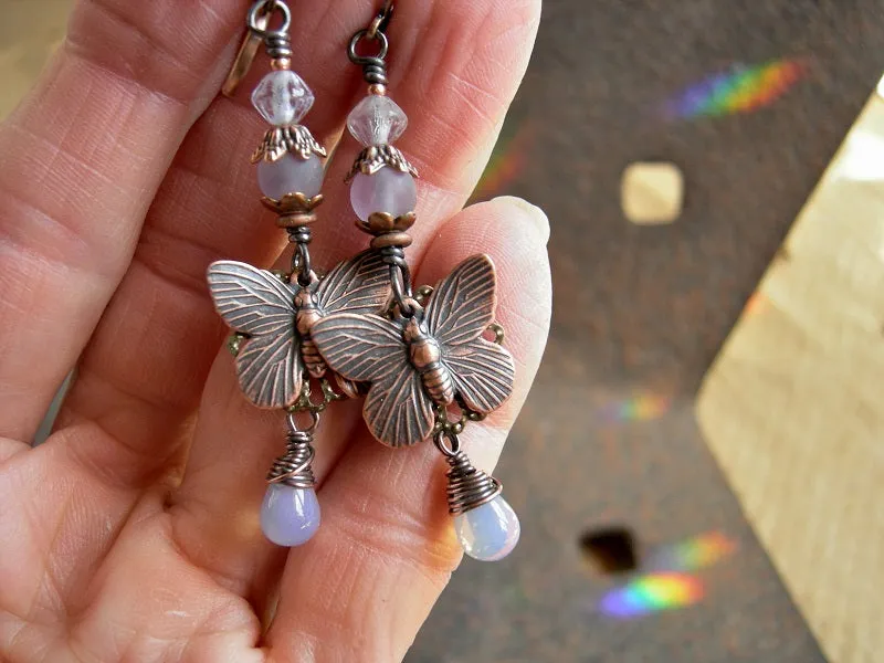 Pale Lilac & Copper Butterfly Earrings, Opal Glass & Amethyst