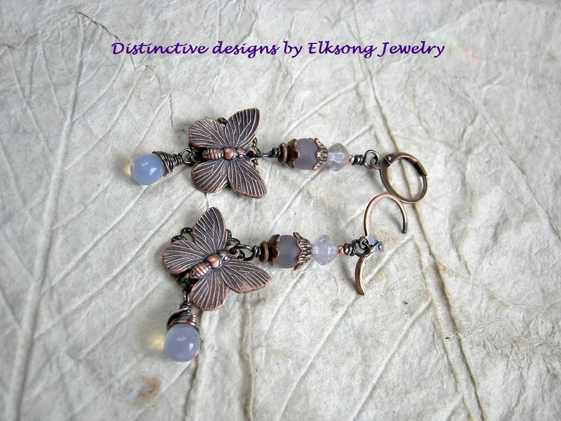 Pale Lilac & Copper Butterfly Earrings, Opal Glass & Amethyst