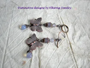Pale Lilac & Copper Butterfly Earrings, Opal Glass & Amethyst