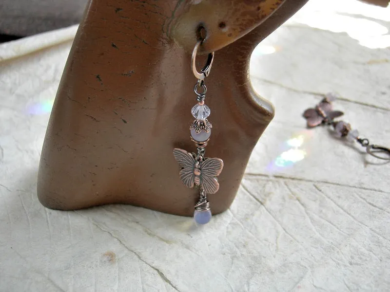 Pale Lilac & Copper Butterfly Earrings, Opal Glass & Amethyst