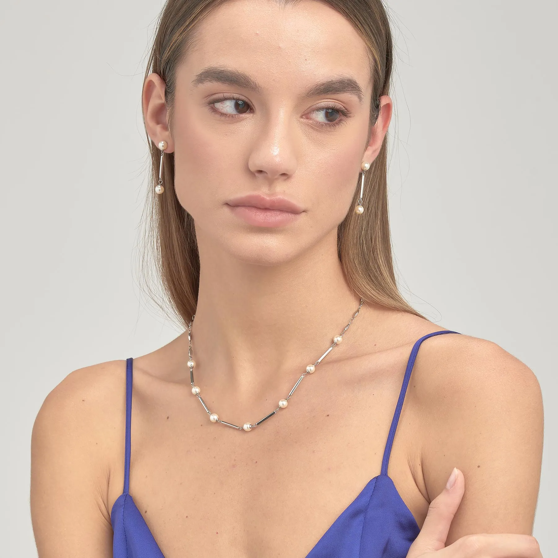 Pearl and Bar Link Necklace in Stainless Steel
