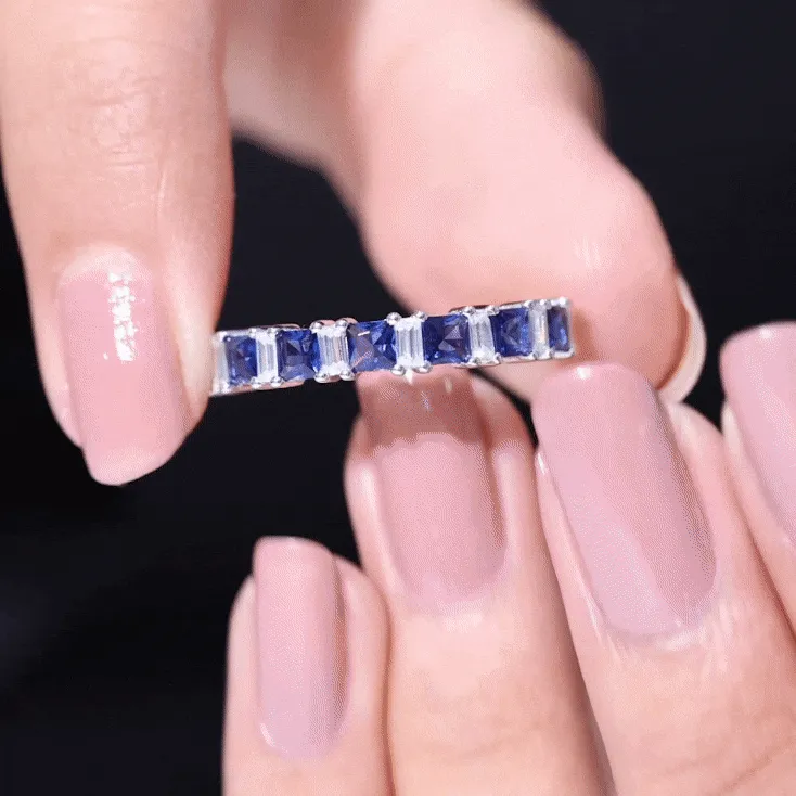 Princess Cut Lab Grown Blue Sapphire Half Eternity Ring with Diamond