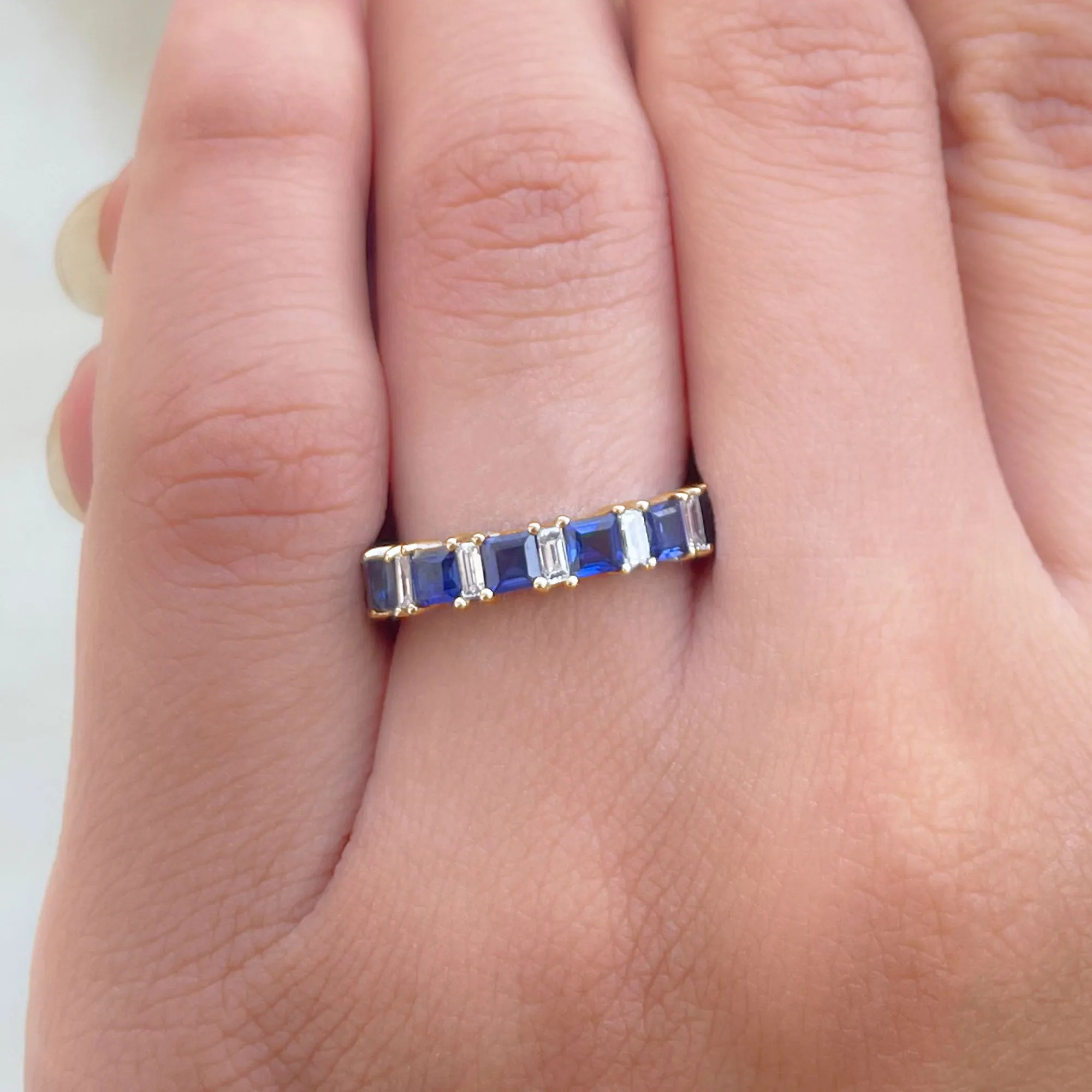 Princess Cut Lab Grown Blue Sapphire Half Eternity Ring with Diamond