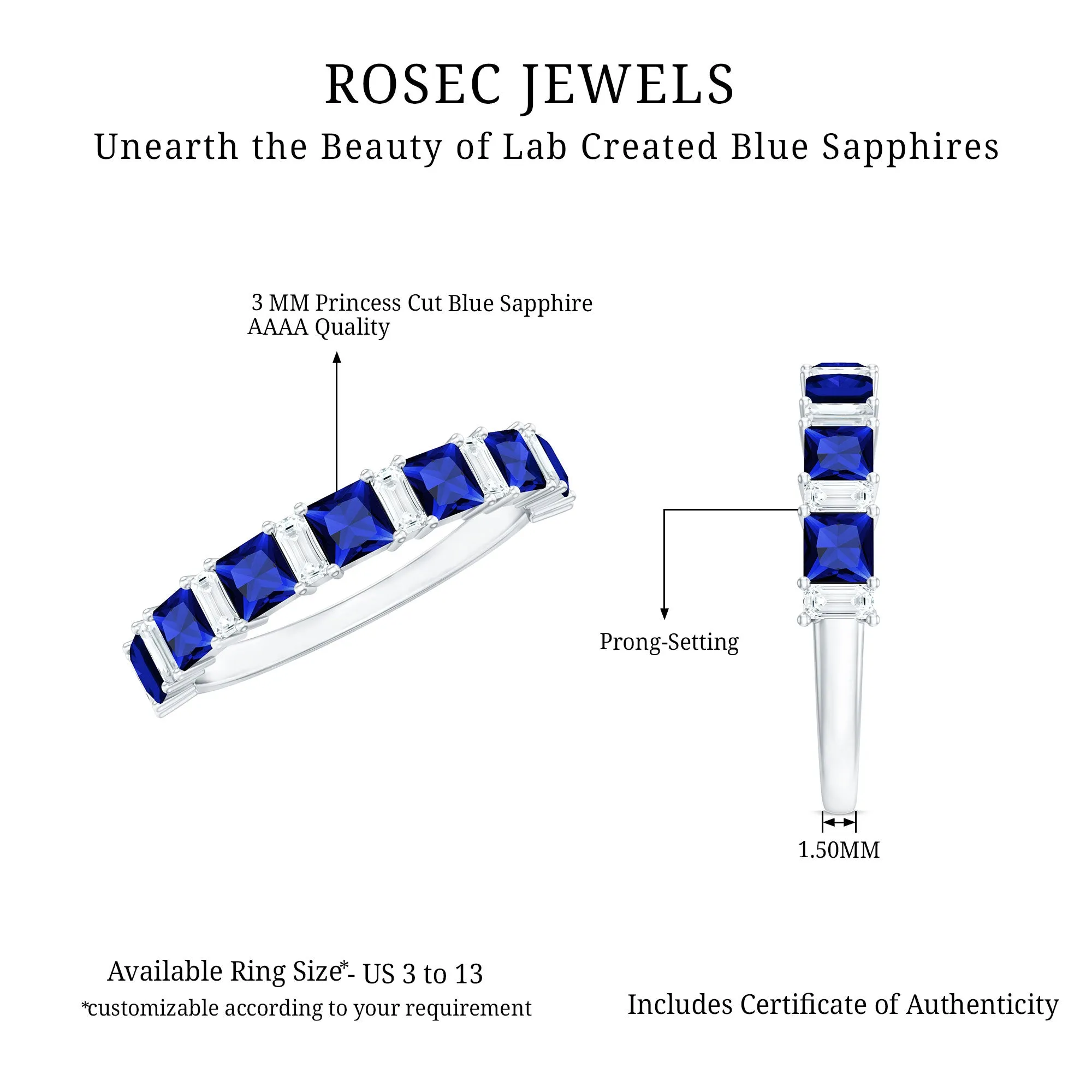 Princess Cut Lab Grown Blue Sapphire Half Eternity Ring with Diamond