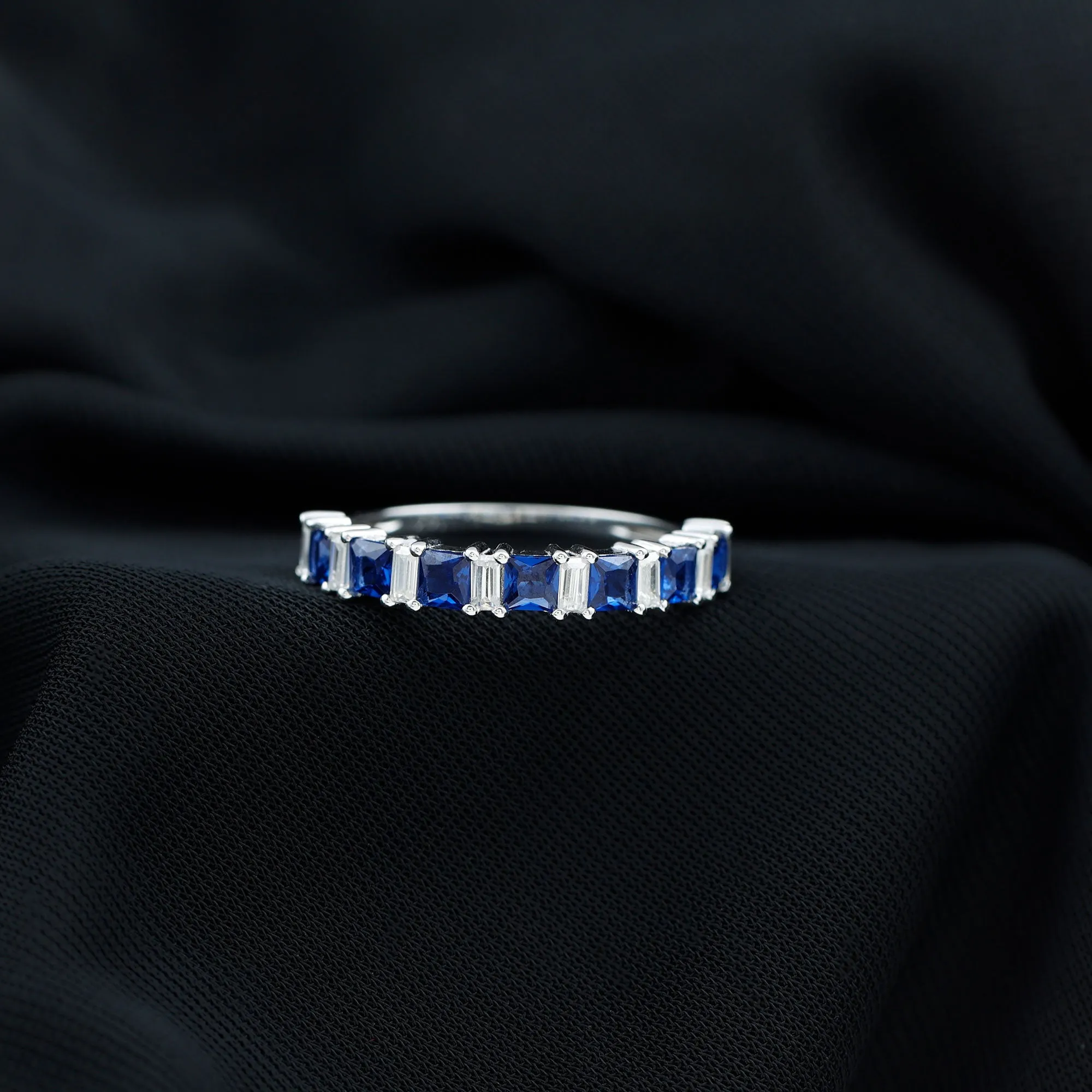 Princess Cut Lab Grown Blue Sapphire Half Eternity Ring with Diamond
