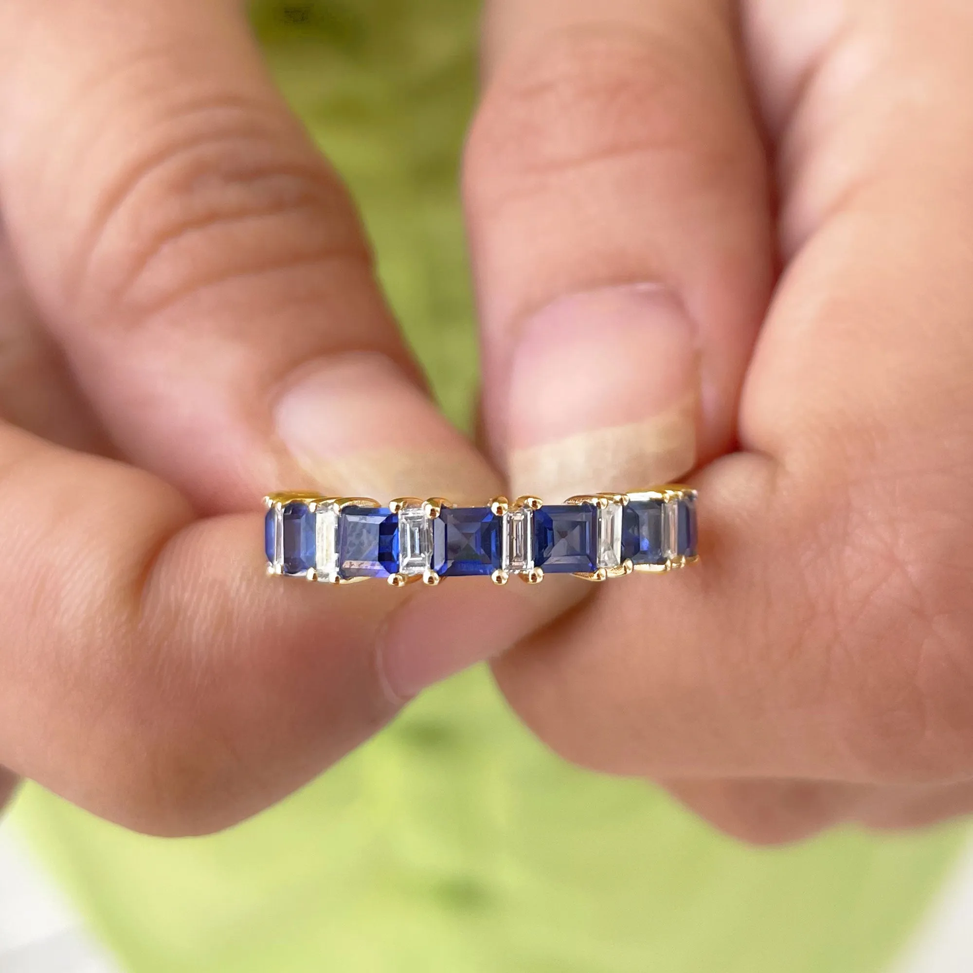 Princess Cut Lab Grown Blue Sapphire Half Eternity Ring with Diamond