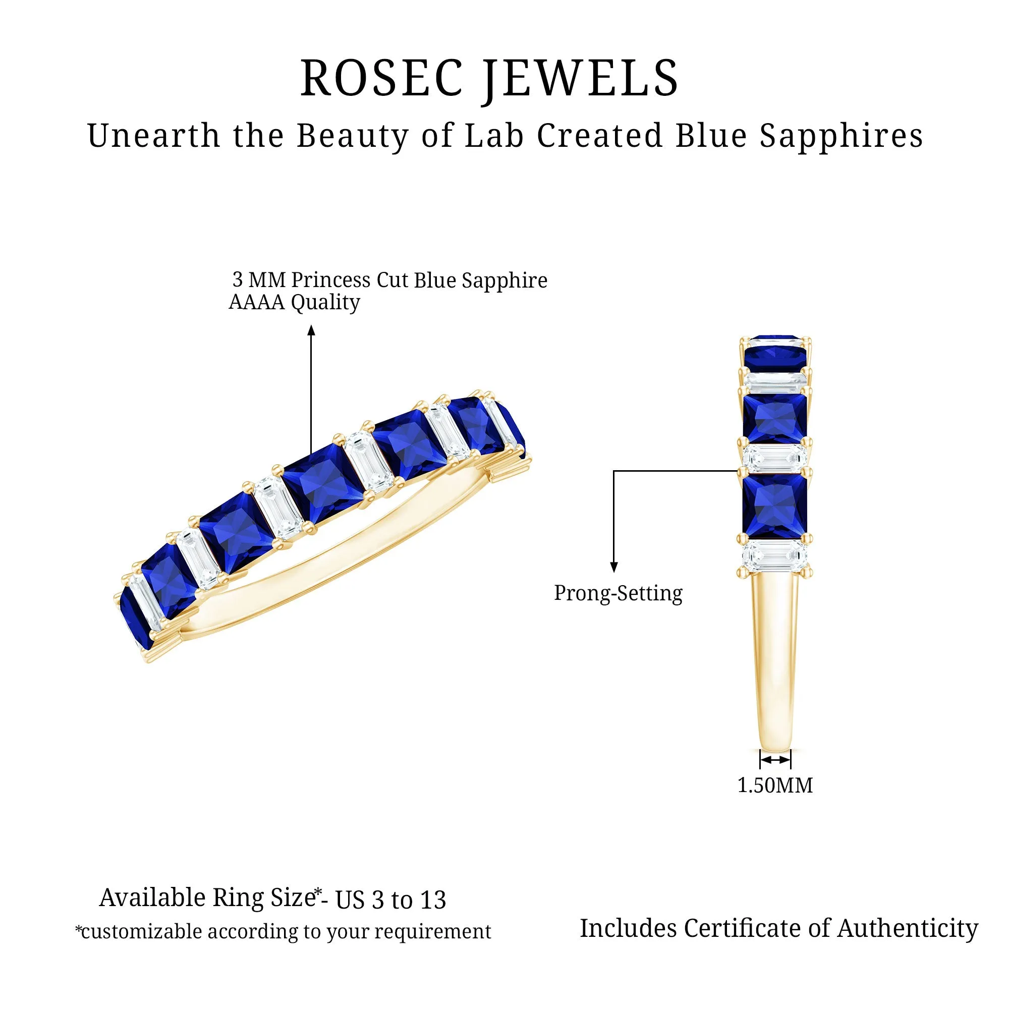 Princess Cut Lab Grown Blue Sapphire Half Eternity Ring with Diamond