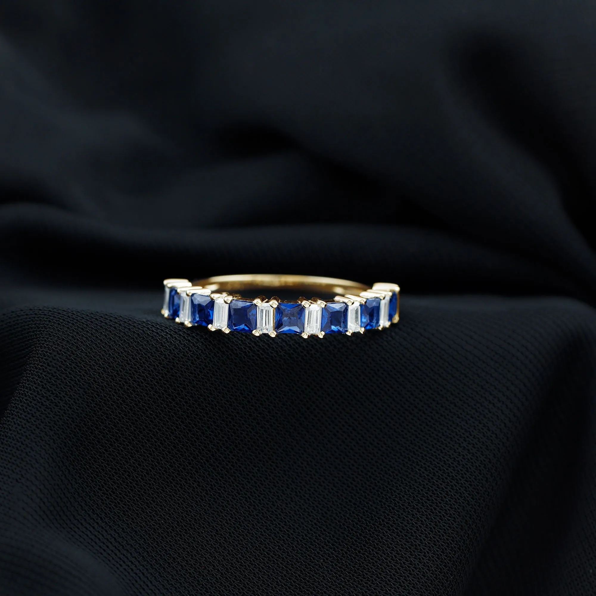 Princess Cut Lab Grown Blue Sapphire Half Eternity Ring with Diamond