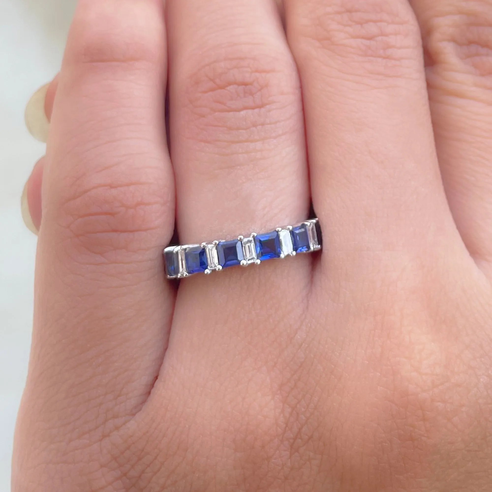 Princess Cut Lab Grown Blue Sapphire Half Eternity Ring with Diamond