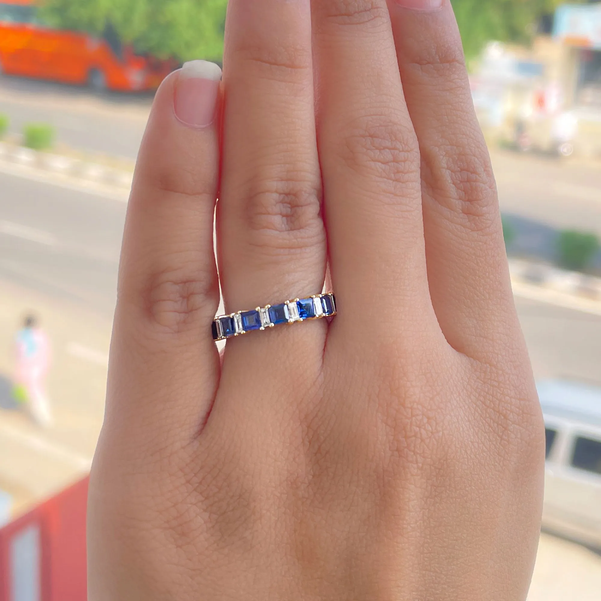 Princess Cut Lab Grown Blue Sapphire Half Eternity Ring with Diamond