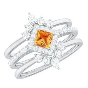 Real Citrine and Moissanite Trio Wedding Ring Set