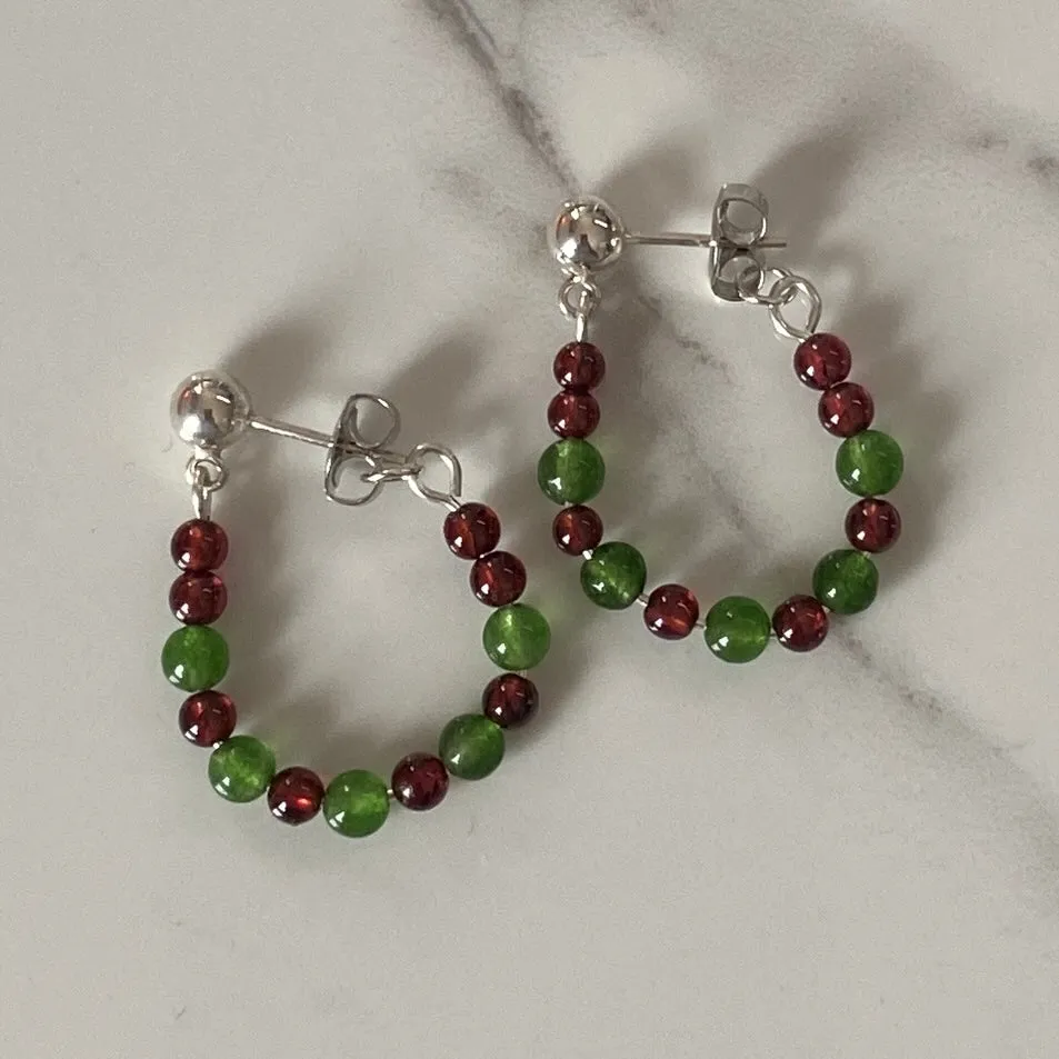 Red Garnet & Green Jade Stud Hoop Earrings