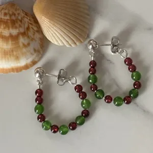 Red Garnet & Green Jade Stud Hoop Earrings