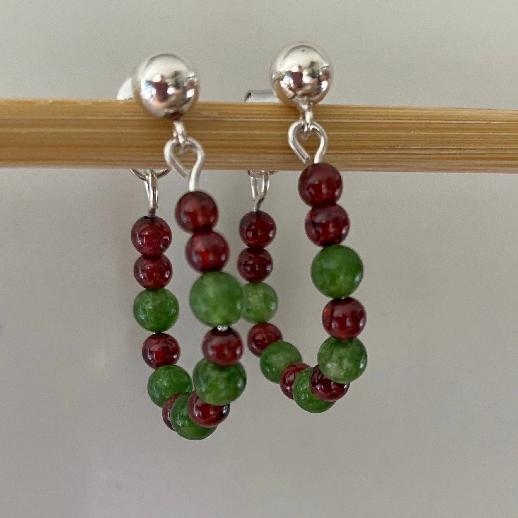Red Garnet & Green Jade Stud Hoop Earrings
