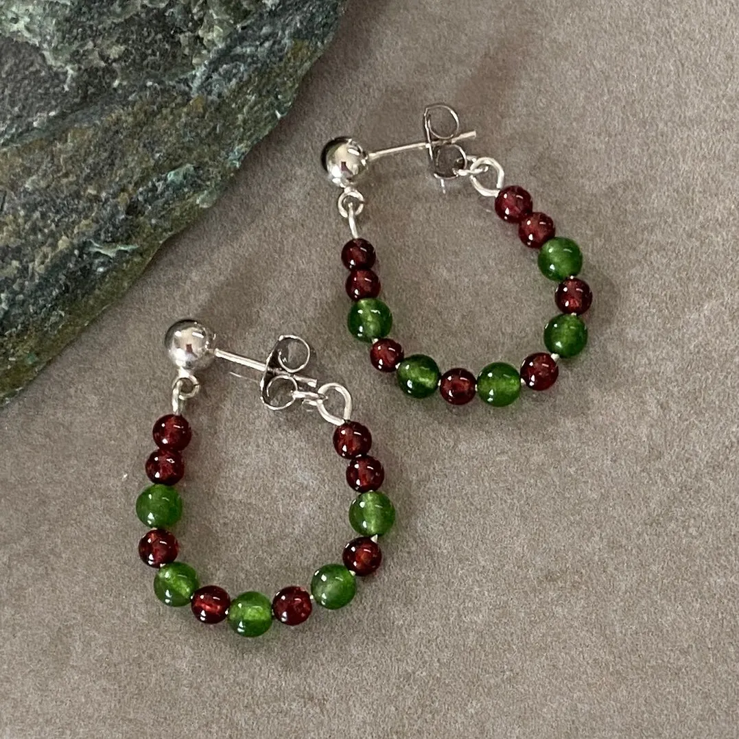 Red Garnet & Green Jade Stud Hoop Earrings