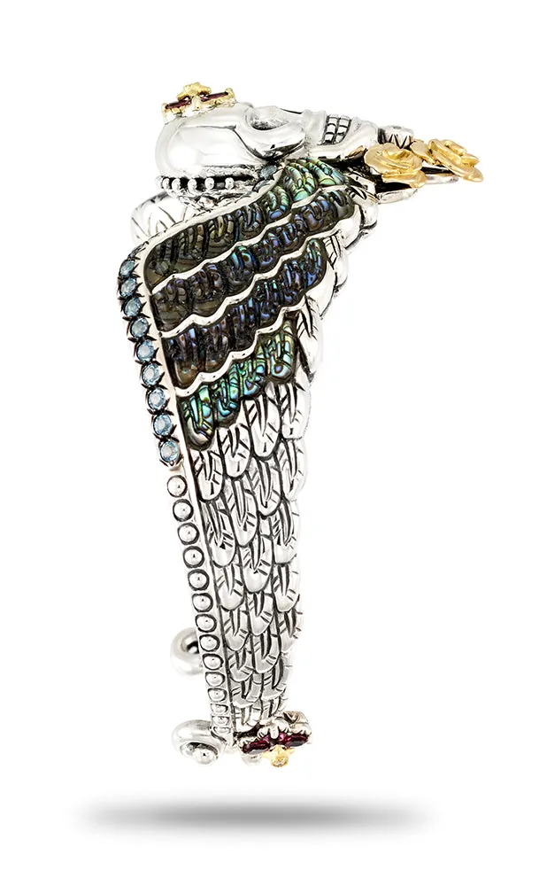 Roses Never Die Skull Cuff – Diamond, Blue Topaz, Abalone & Pink Garnet