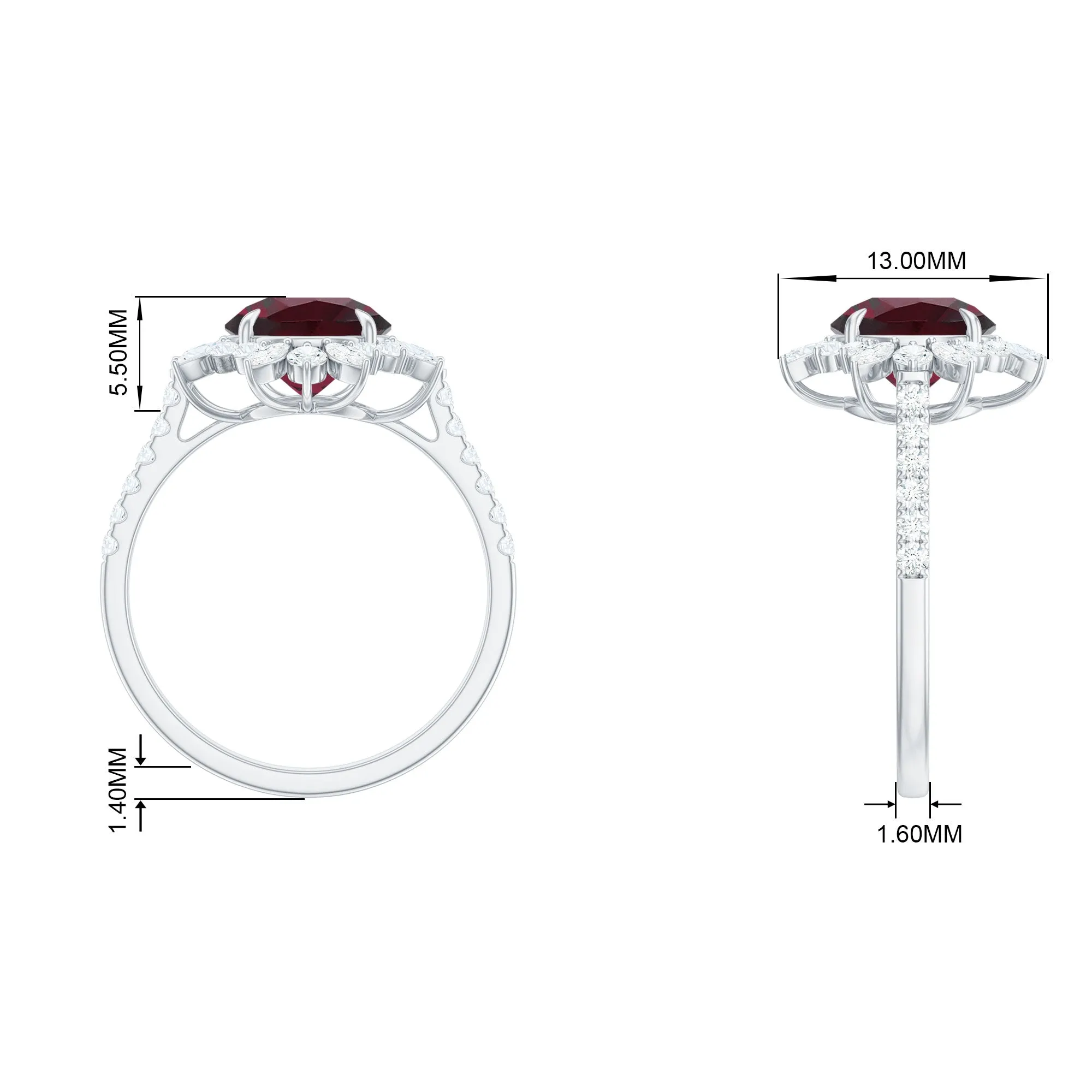 Round Rhodolite Statement Ring with Moissanite Floral Halo