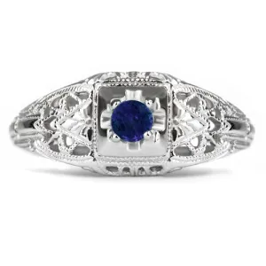 SAPPHIRE STERLING SILVER VINTAGE STYLE COCKTAIL RING FILIGREE PROMISE NATURAL