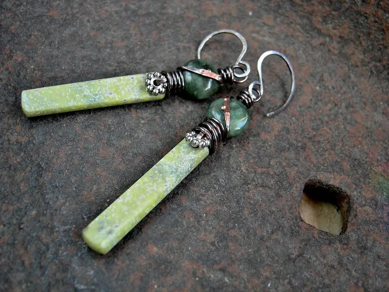 Shades of Green, Stone Tab Earrings, Serpentine & Jade