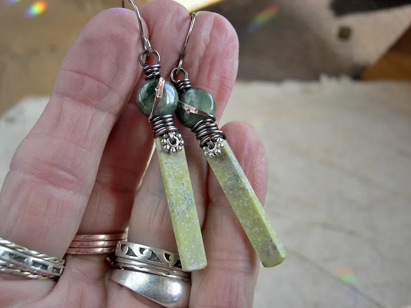 Shades of Green, Stone Tab Earrings, Serpentine & Jade