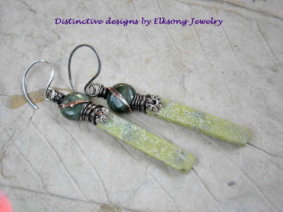 Shades of Green, Stone Tab Earrings, Serpentine & Jade