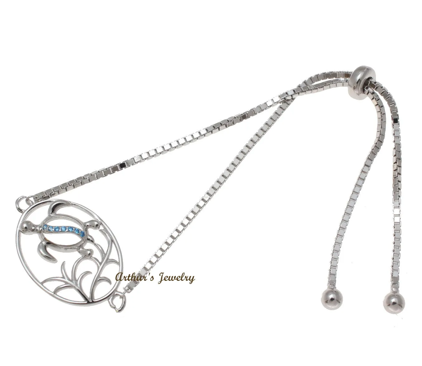 Silver 925 Blue Topaz Hawaiian Honu Sea Turtle Sliding Adjustable Bead Bracelet