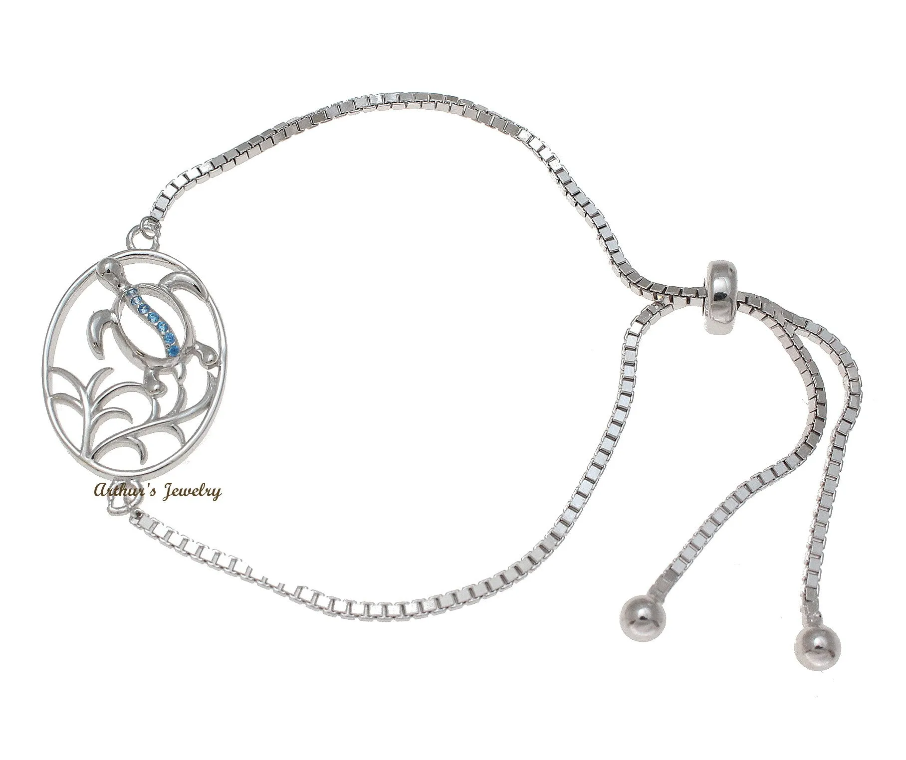 Silver 925 Blue Topaz Hawaiian Honu Sea Turtle Sliding Adjustable Bead Bracelet