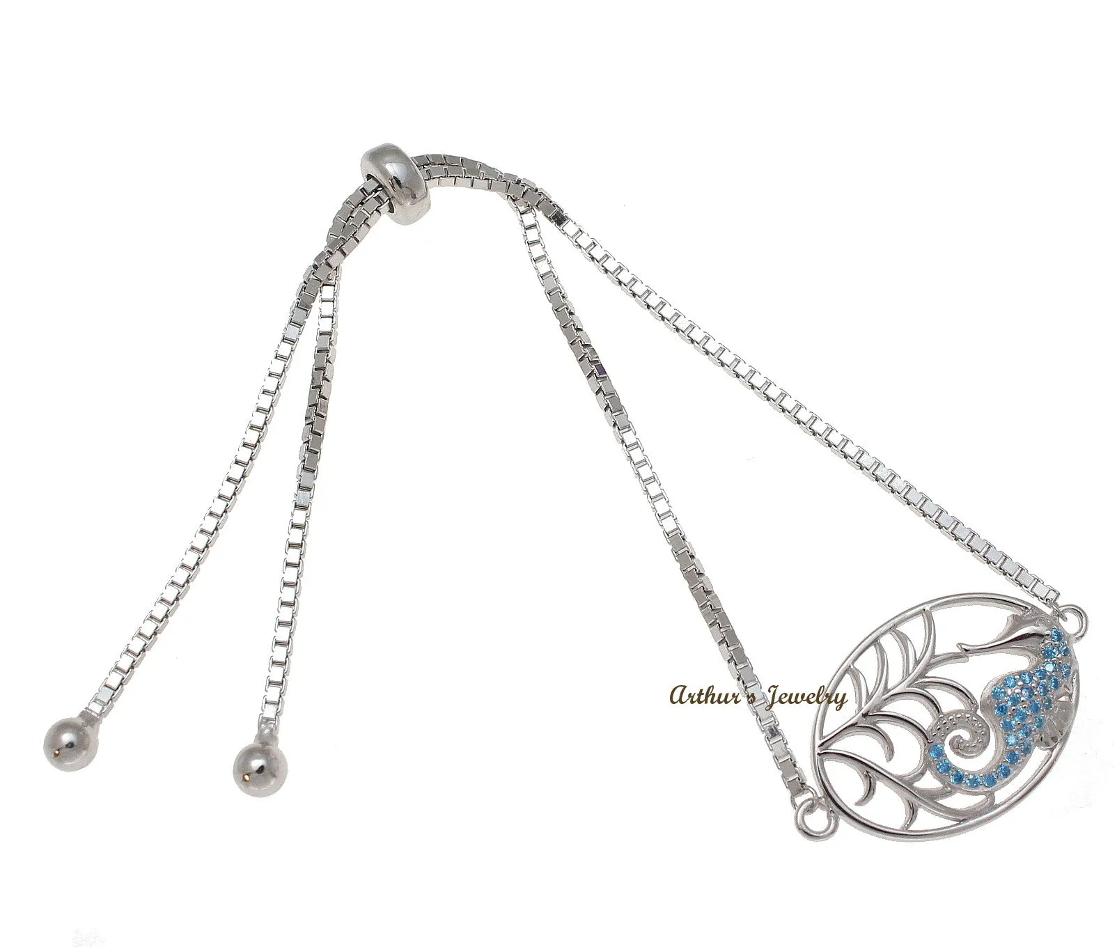 Silver 925 Blue Topaz Hawaiian Seahorse Sliding Adjustable Bead Chain Bracelet