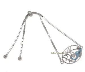 Silver 925 Blue Topaz Hawaiian Seahorse Sliding Adjustable Bead Chain Bracelet