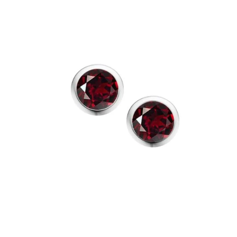 Silver and Garnet 4mm round stud earrings in rubover setting