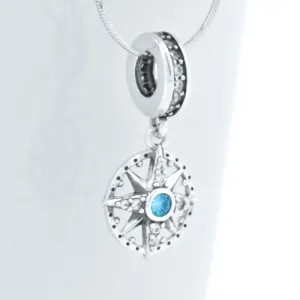 Sterling Silver Blue Topaz Marine Nautical Compass Circle Pendant 18-inch Necklace