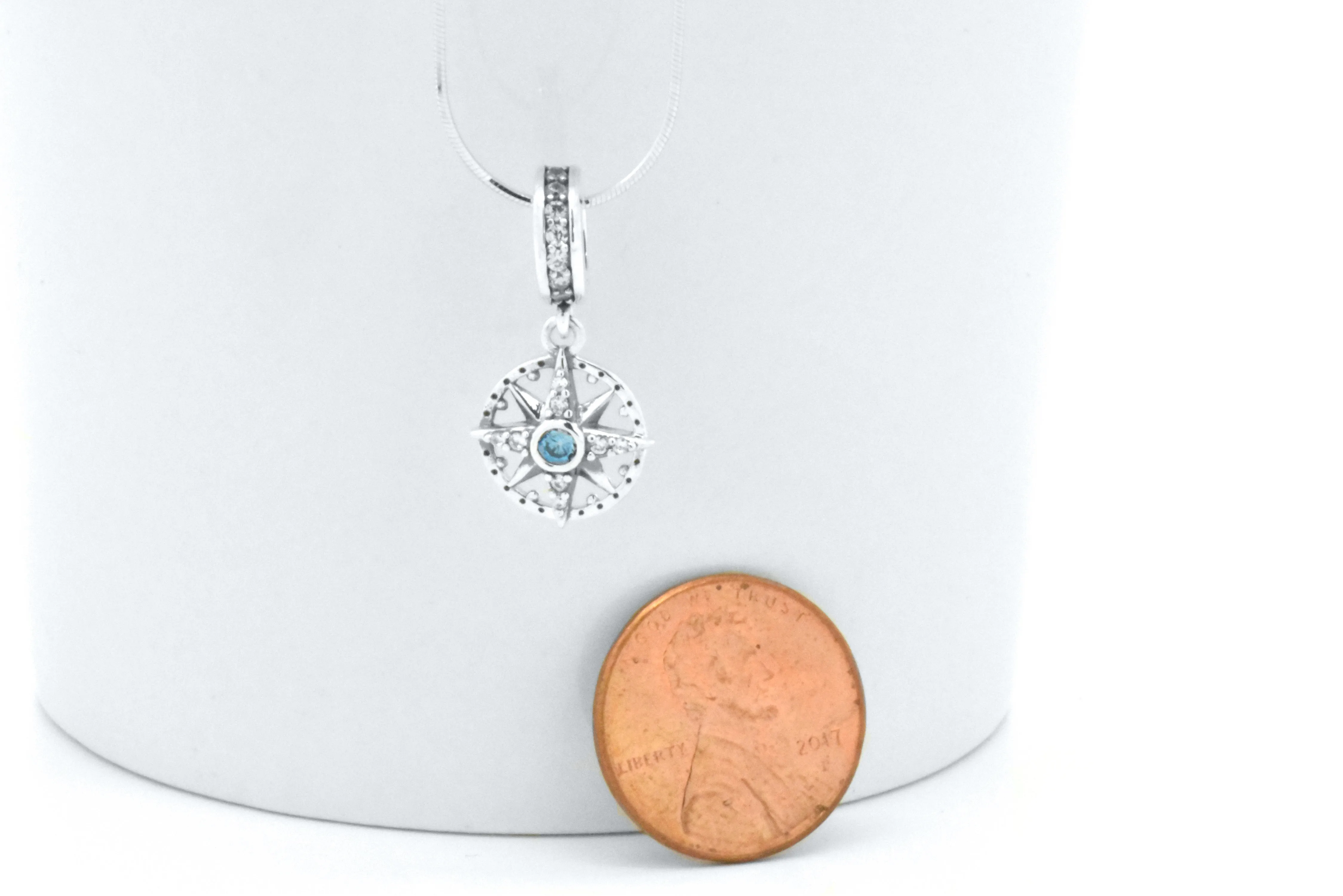 Sterling Silver Blue Topaz Marine Nautical Compass Circle Pendant 18-inch Necklace