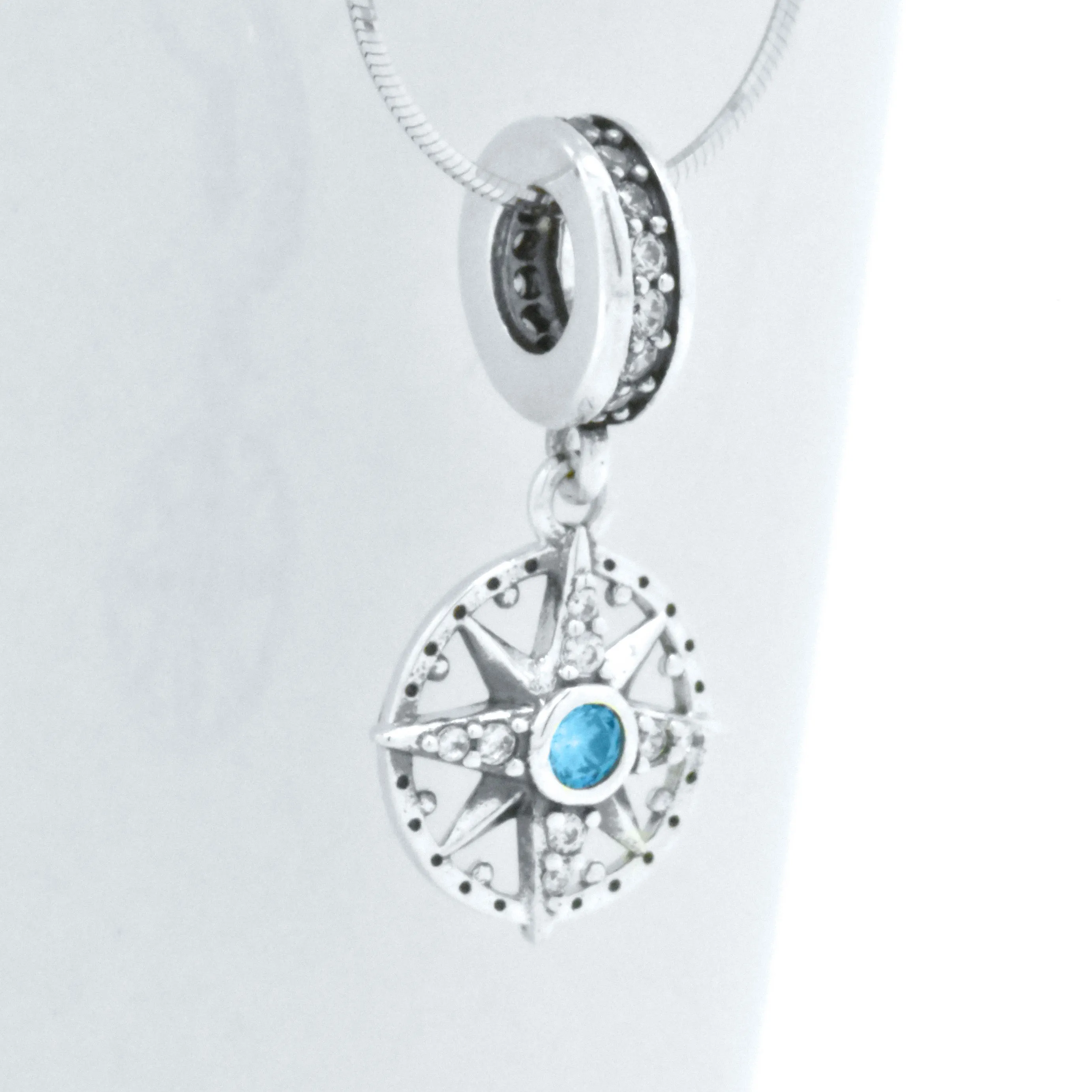 Sterling Silver Blue Topaz Marine Nautical Compass Circle Pendant 18-inch Necklace