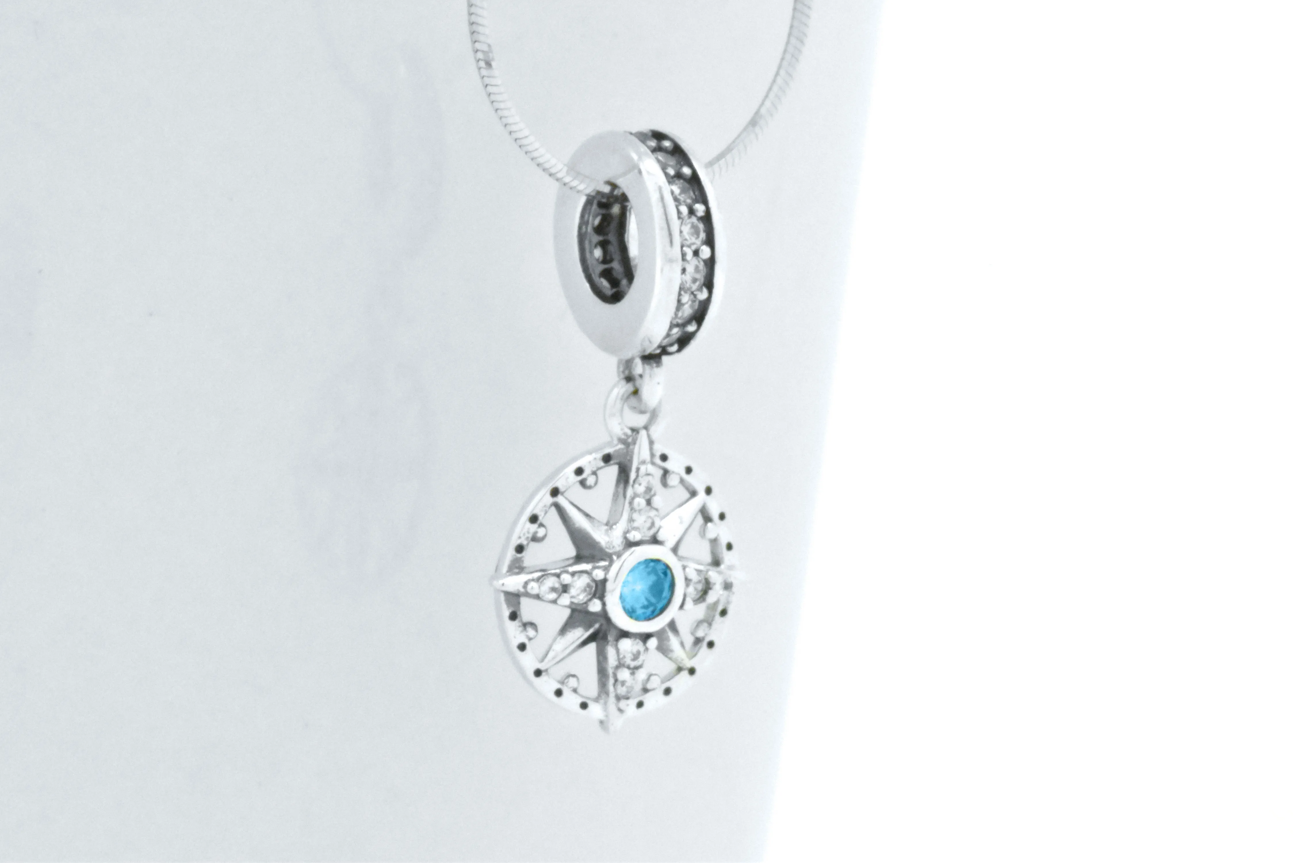 Sterling Silver Blue Topaz Marine Nautical Compass Circle Pendant 18-inch Necklace