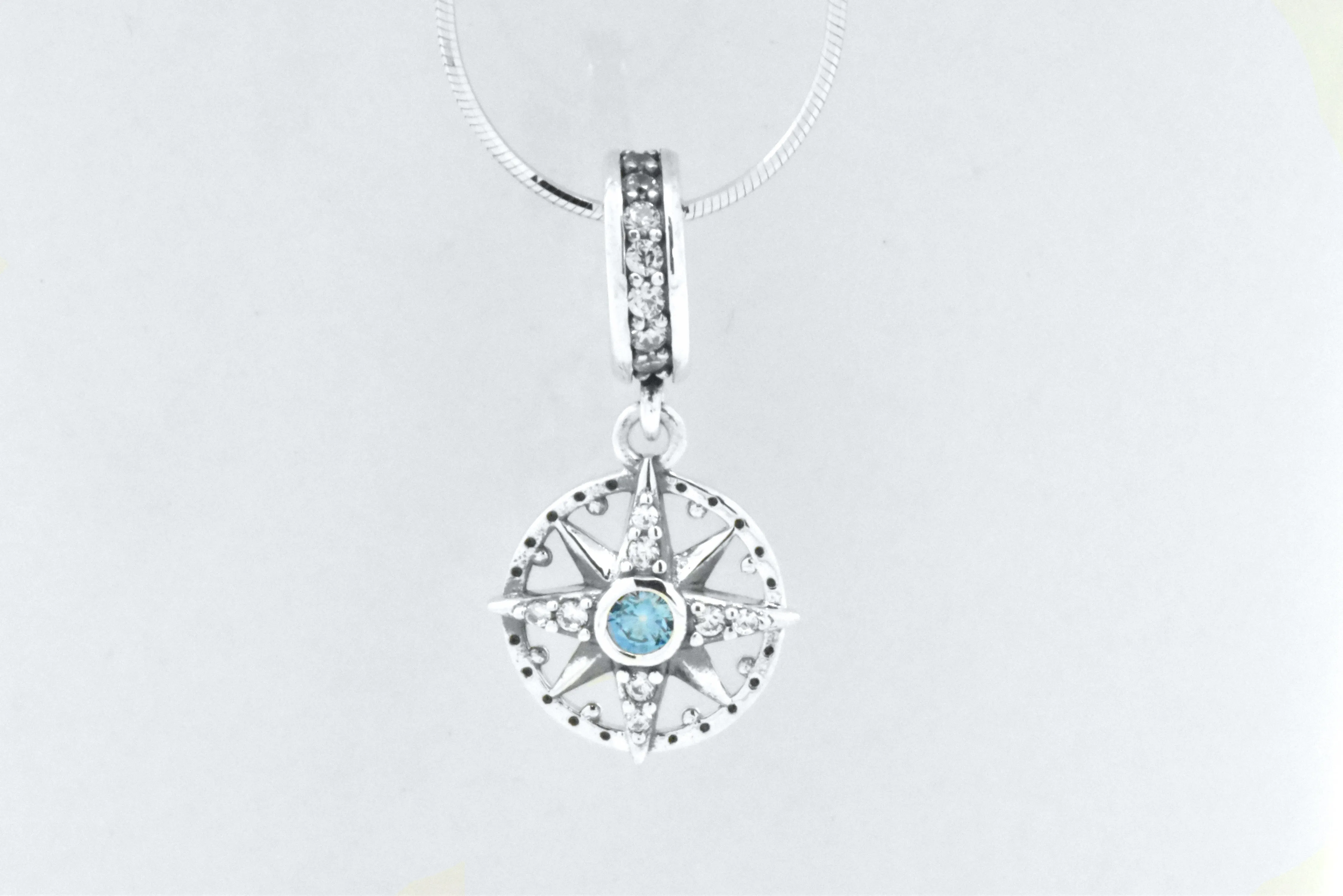 Sterling Silver Blue Topaz Marine Nautical Compass Circle Pendant 18-inch Necklace