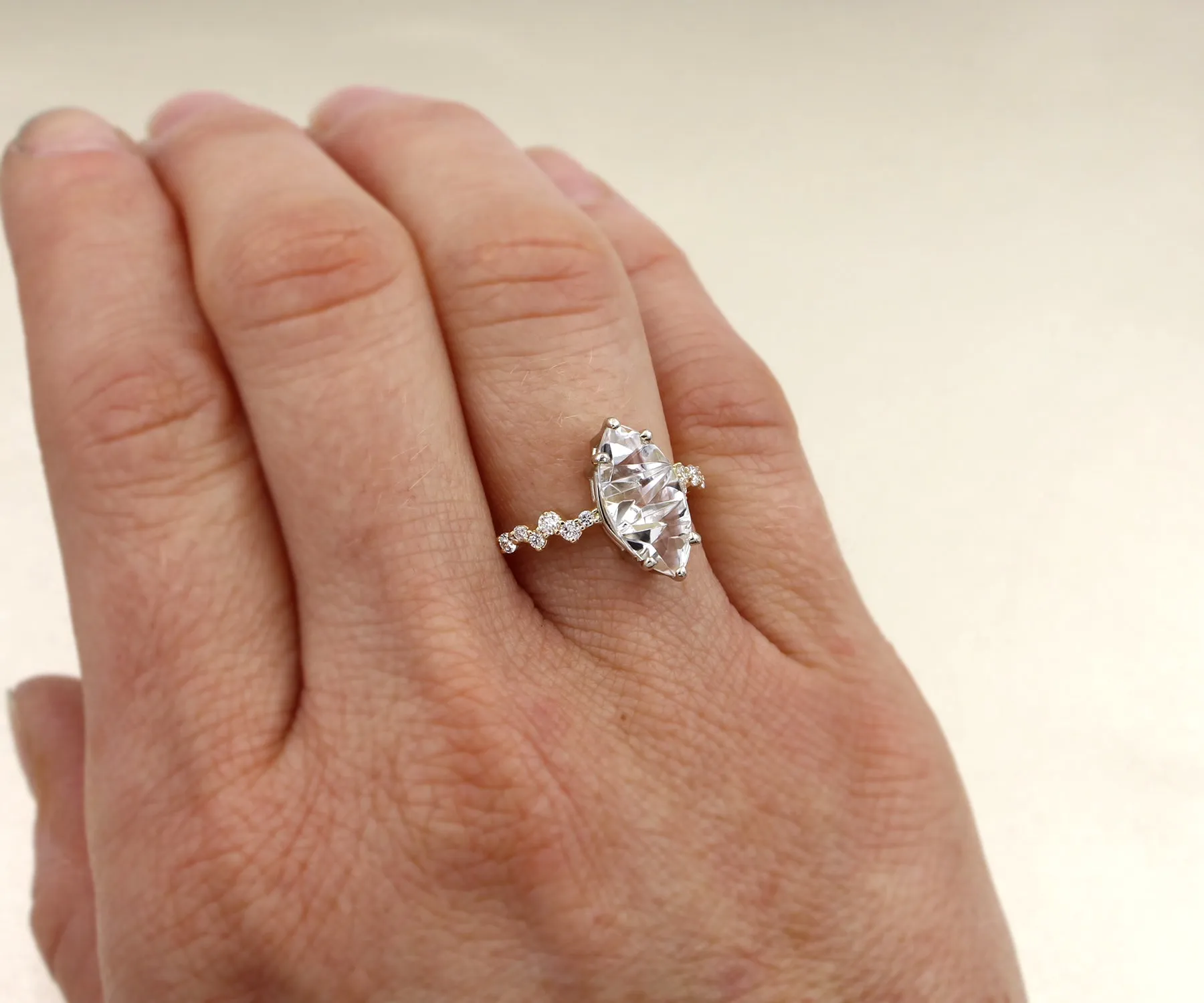 Stunning Topaz Marquise Staggered Diamond Gold Ring