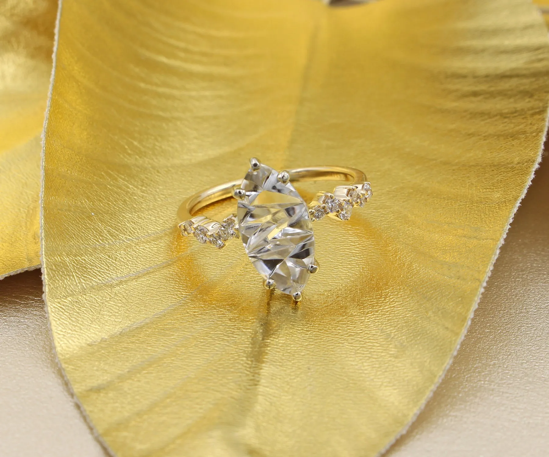 Stunning Topaz Marquise Staggered Diamond Gold Ring