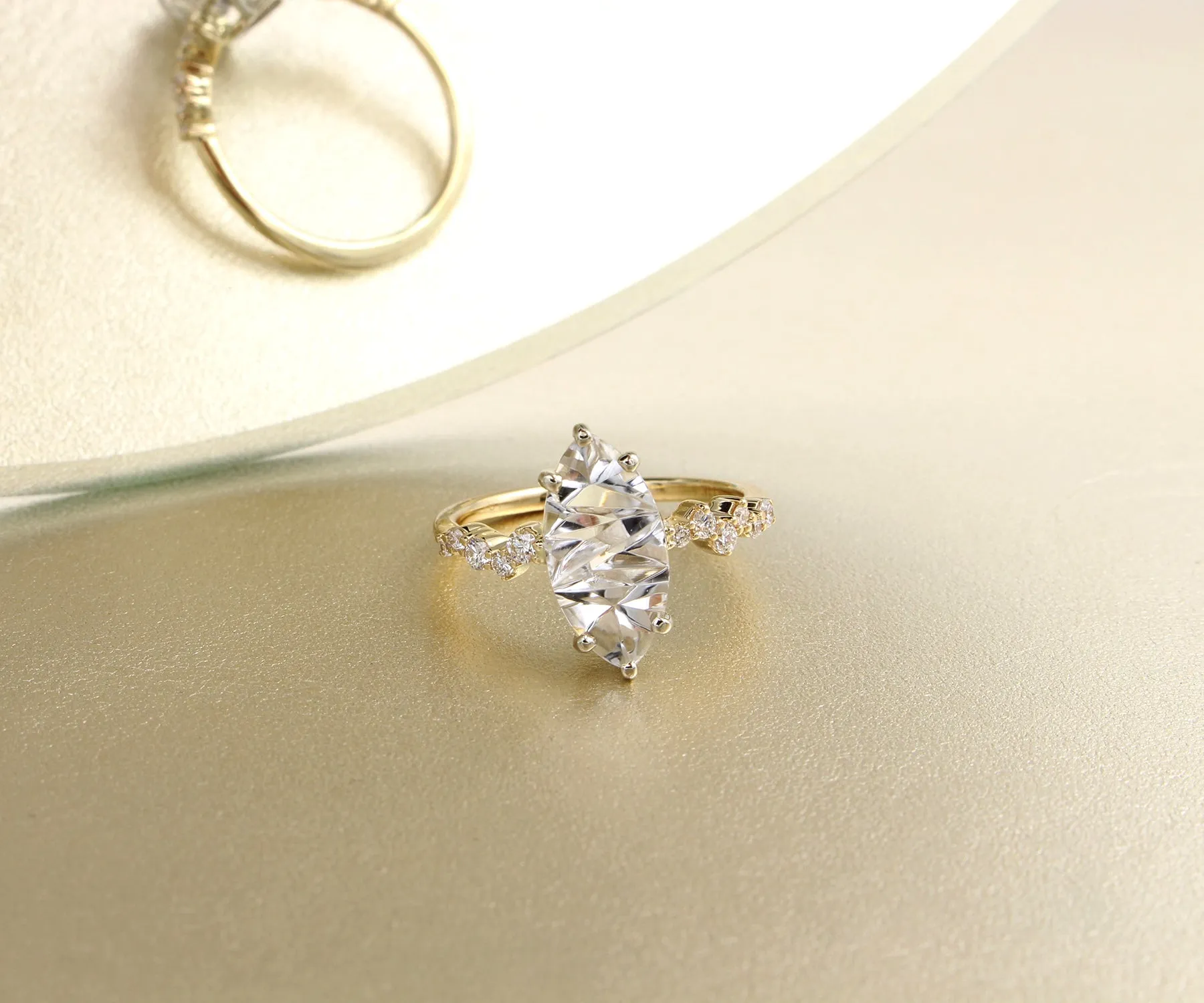 Stunning Topaz Marquise Staggered Diamond Gold Ring