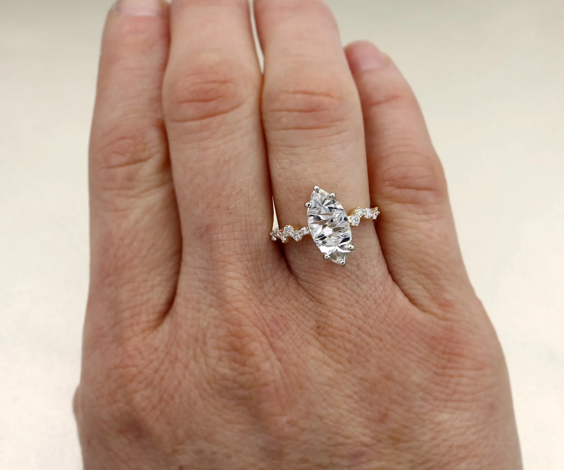 Stunning Topaz Marquise Staggered Diamond Gold Ring