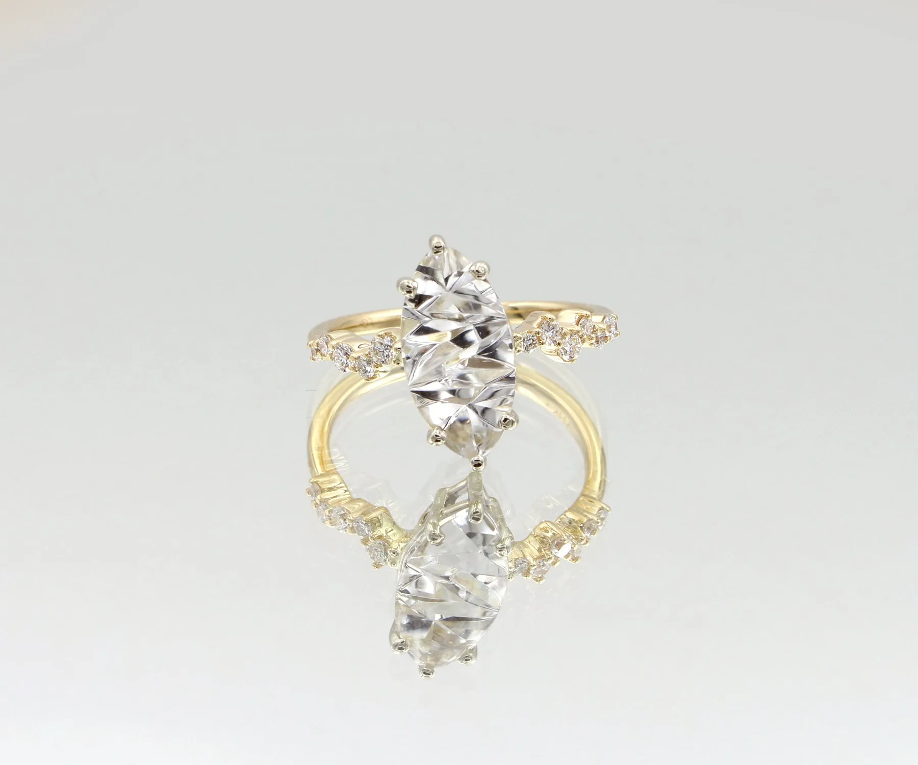 Stunning Topaz Marquise Staggered Diamond Gold Ring