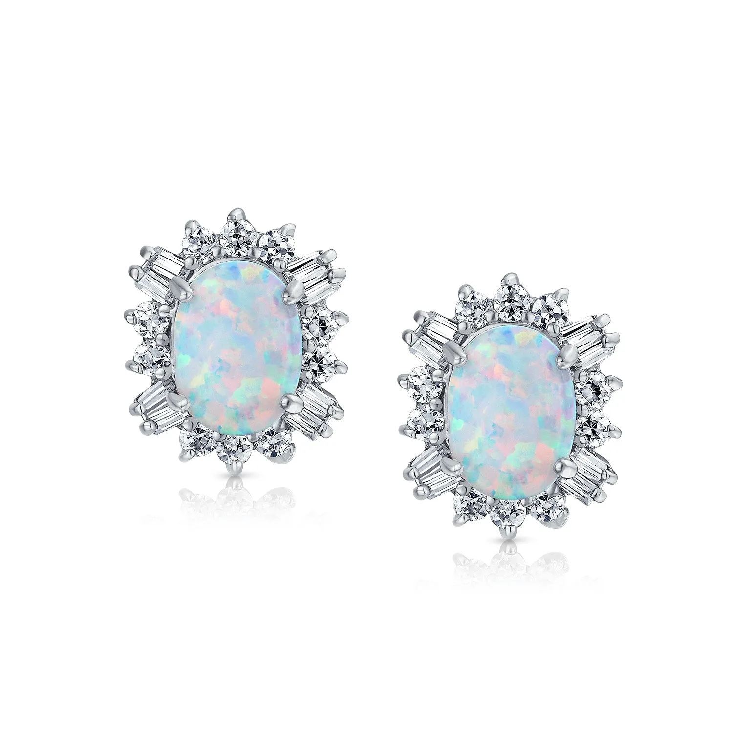 Vintage Estate Style Oval Opal Halo CZ Stud Earrings Sterling Silver 12MM