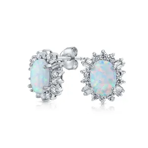 Vintage Estate Style Oval Opal Halo CZ Stud Earrings Sterling Silver 12MM