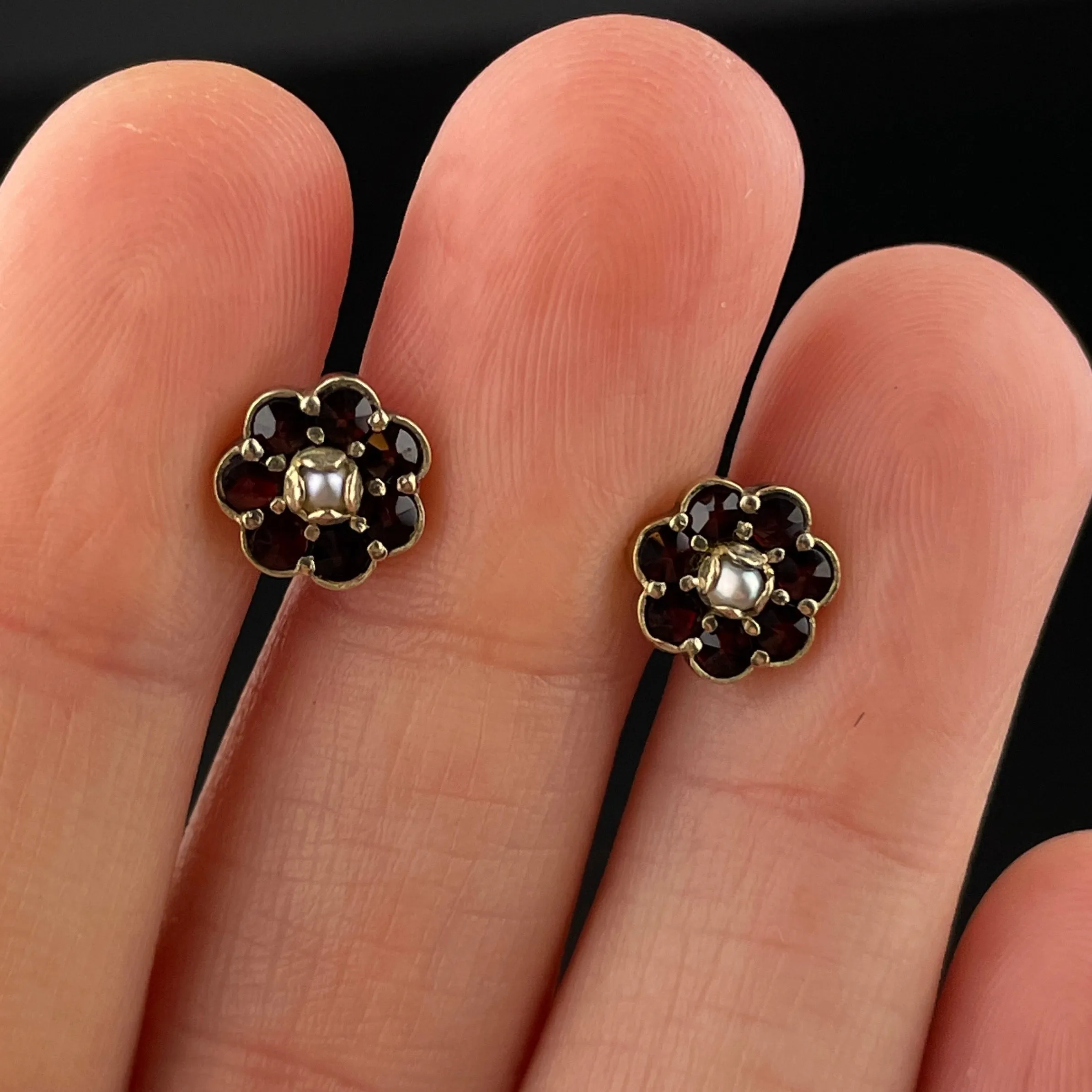 Vintage Gold Vermeil Garnet Pearl Flower Stud Earrings