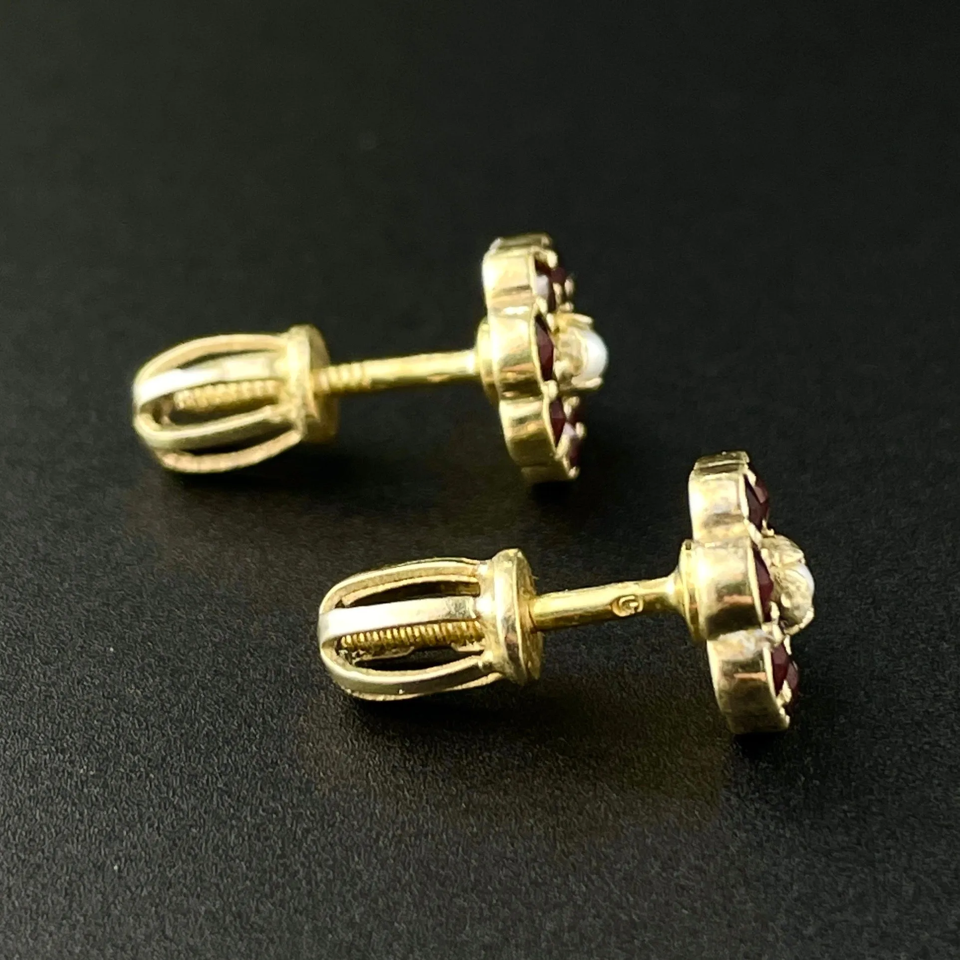 Vintage Gold Vermeil Garnet Pearl Flower Stud Earrings