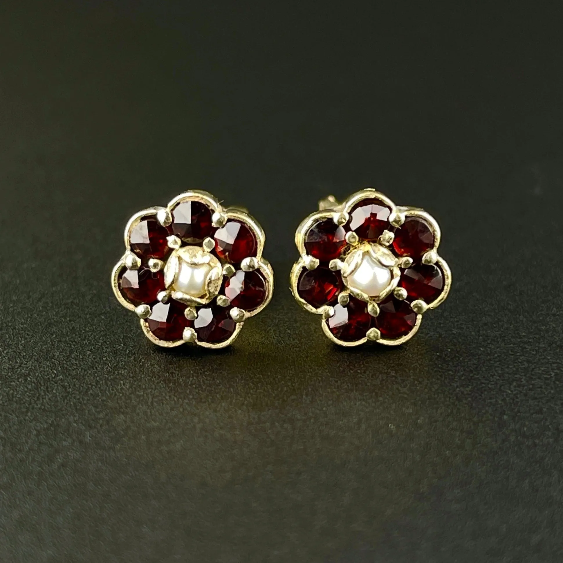 Vintage Gold Vermeil Garnet Pearl Flower Stud Earrings