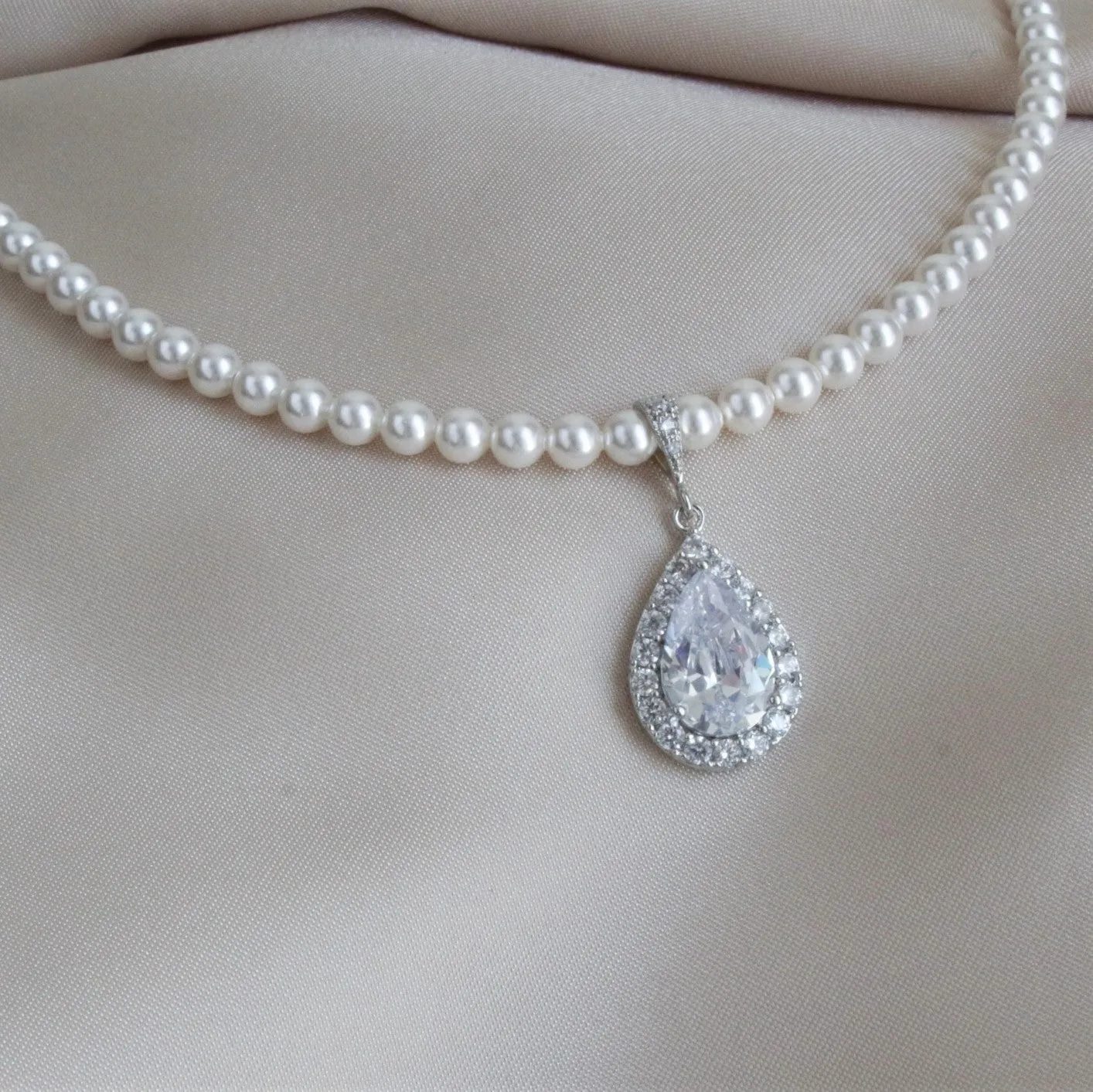 White Pearl Cubic Zirconia Teardrop Necklace